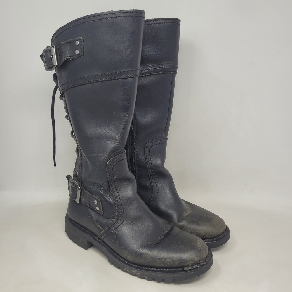 Harley-Davidson Boots 7.5M Black Leather Lace Up Buckle Moto Knee High D84497